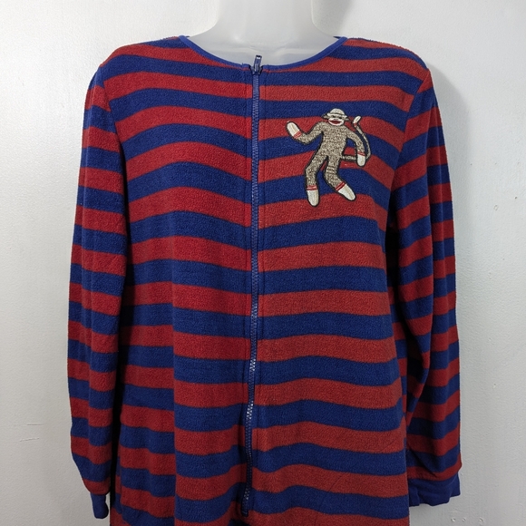 Nick & Nora Red/Blue Stripes Adult Monkey Sock One Piece Pajama Full Zipper - Picture 3 of 14